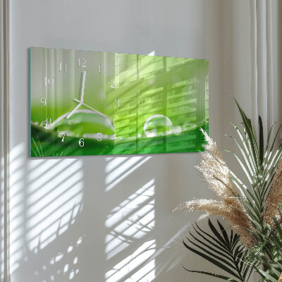 Rectangular glass clock horizontal Drops on a leaf