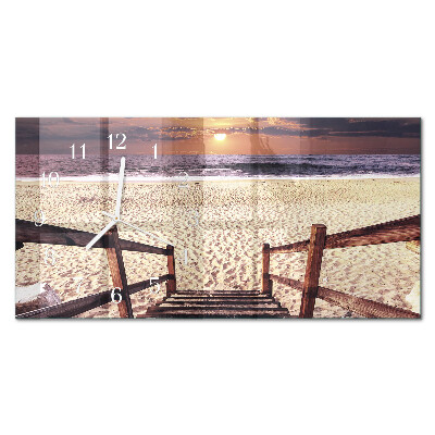 Glass wall clock horizontal Steps to the beach