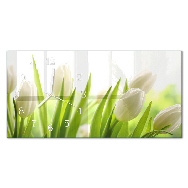Horizontal rectangular wall clock White tulips