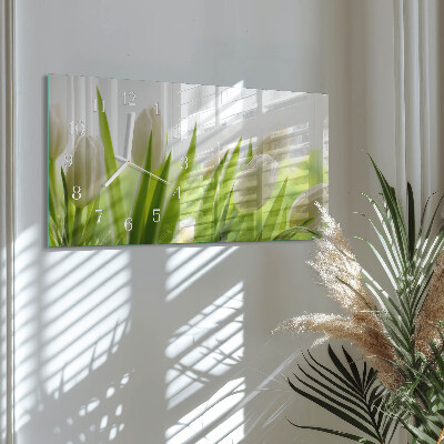 Horizontal rectangular wall clock White tulips