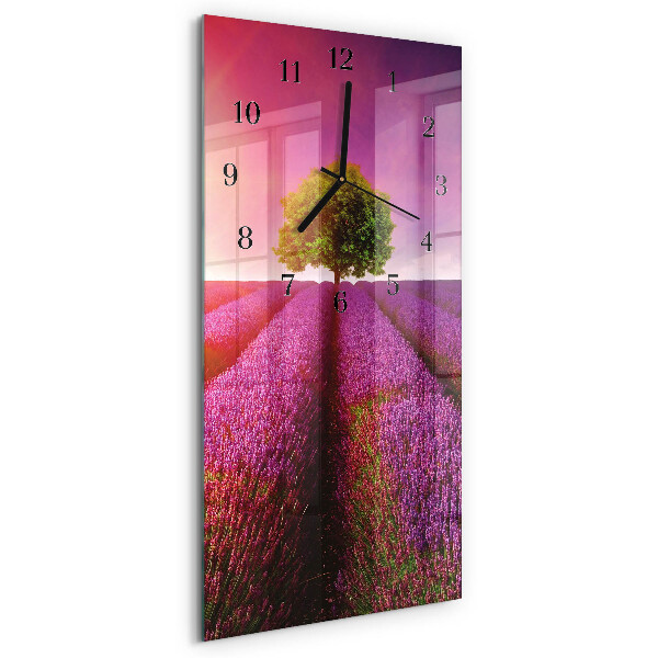 Glass wall clock vertical Lavender tree