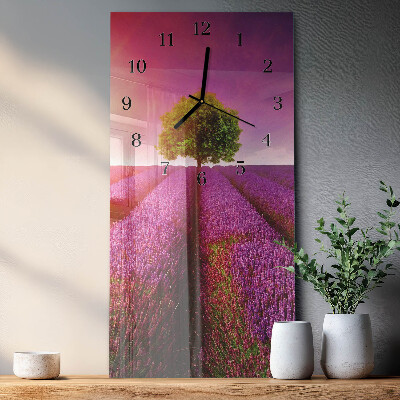 Glass wall clock vertical Lavender tree