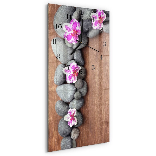 Glass wall clock vertical Orchid stones