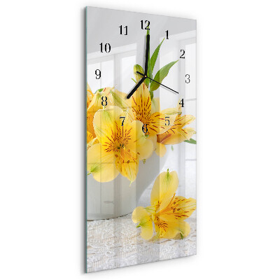 Glass wall clock vertical Yellow flowers