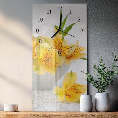 Glass wall clock vertical Yellow flowers
