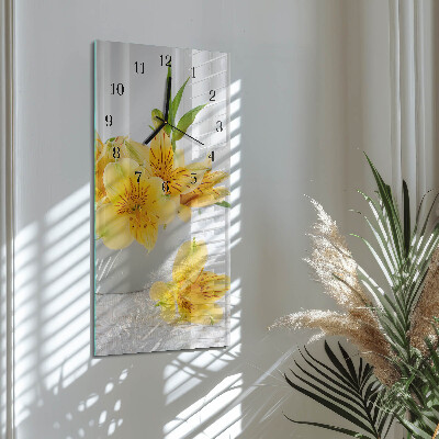 Glass wall clock vertical Yellow flowers