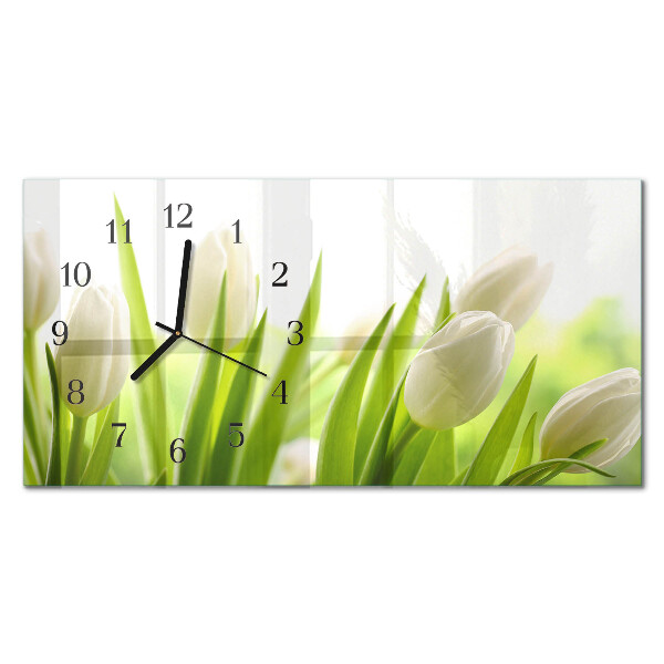 Rectangular glass clock horizontal White tulips