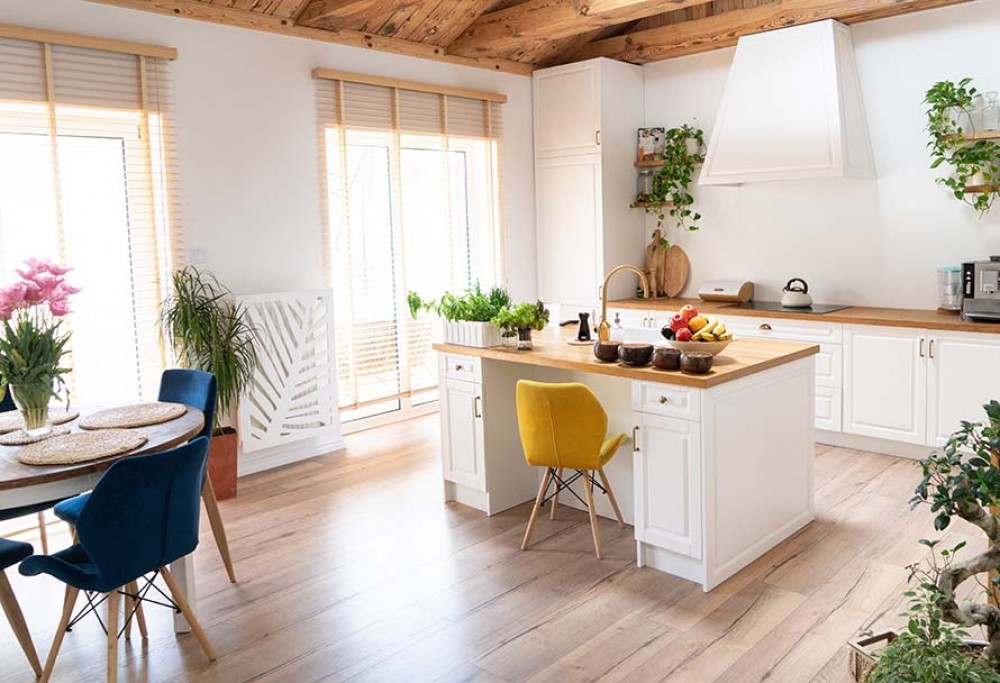 white kitchen with wooden worktop